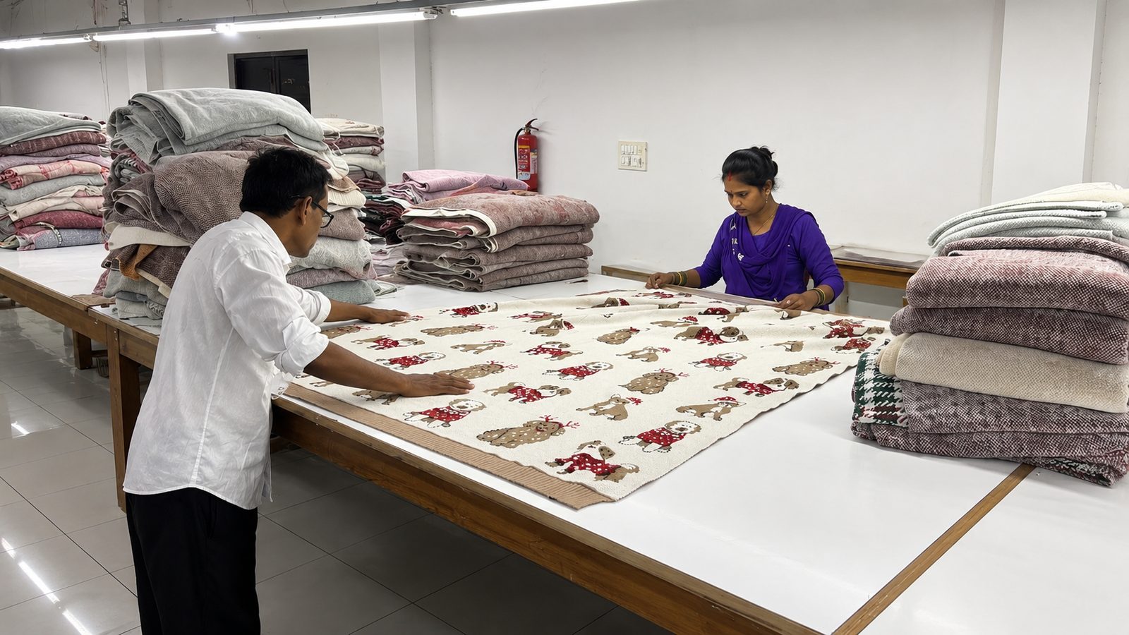 A woman inspecting a finished throw at the Plot 180 checking table