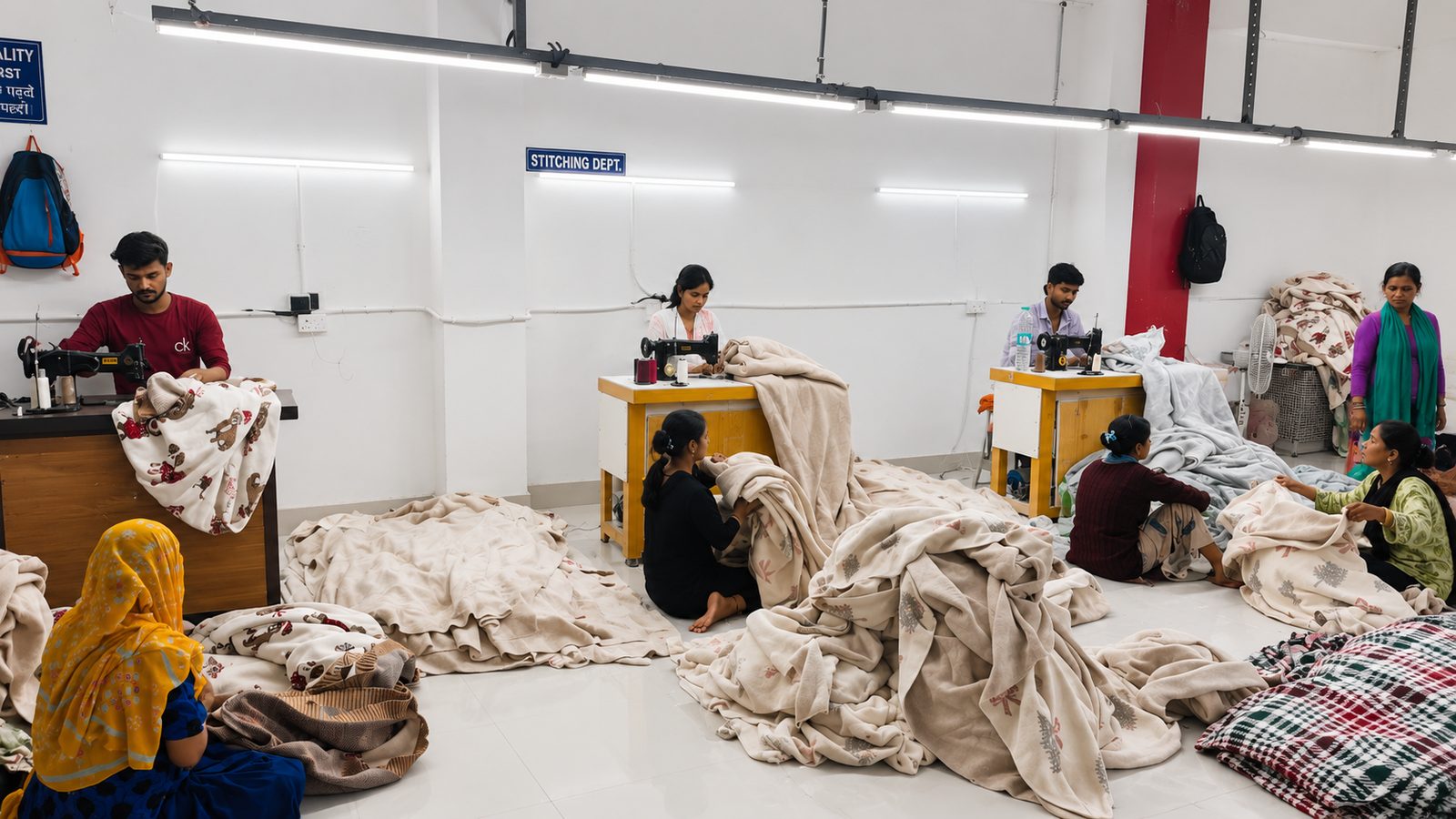 Operators finishing throws on the stitching floor at Plot 180