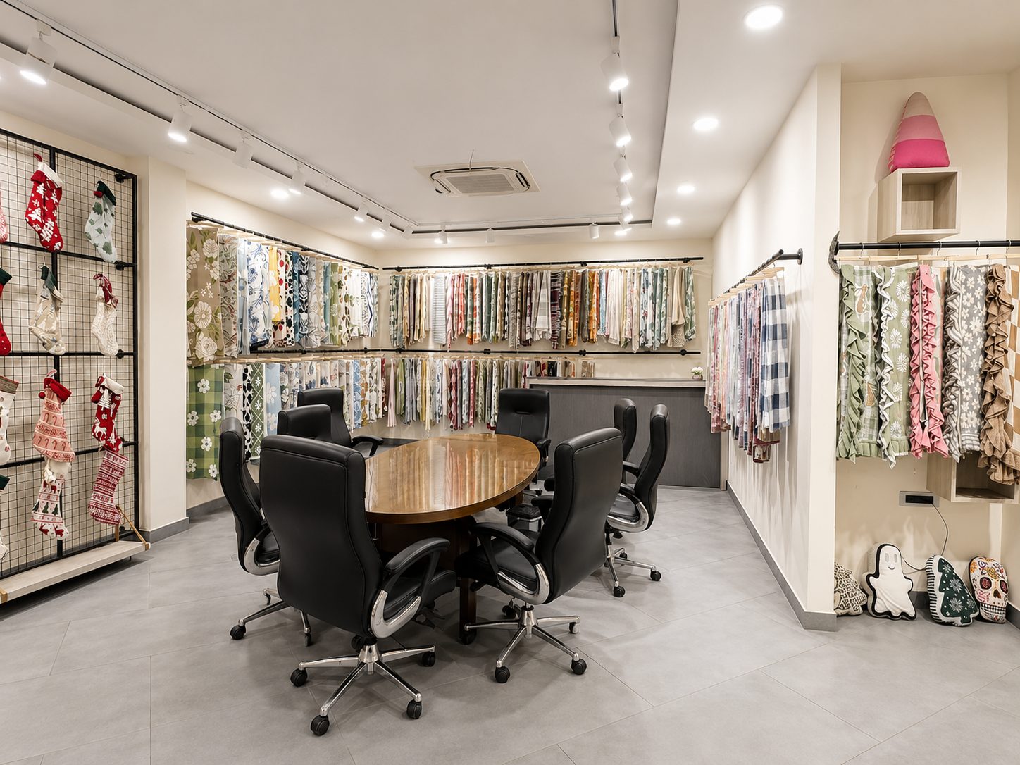 The showroom meeting table beside the display walls